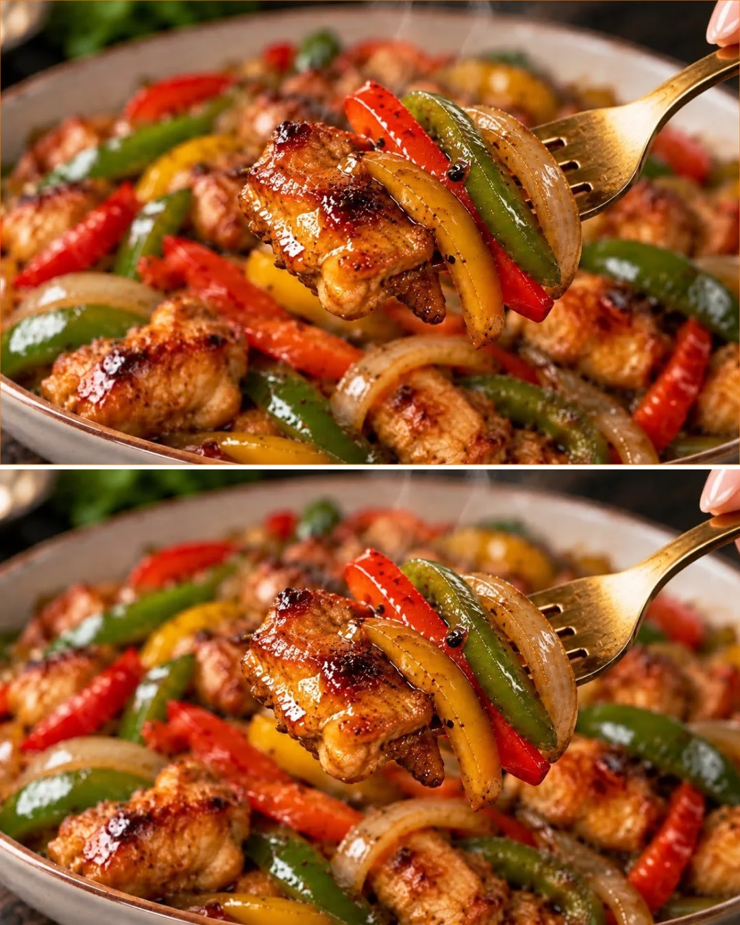 Chicken and bell peppers stir-fry dish served on a plate