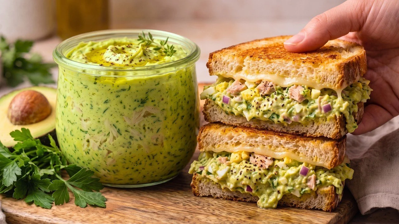 High protein tuna avocado spread served on whole grain toast for a healthy breakfast.