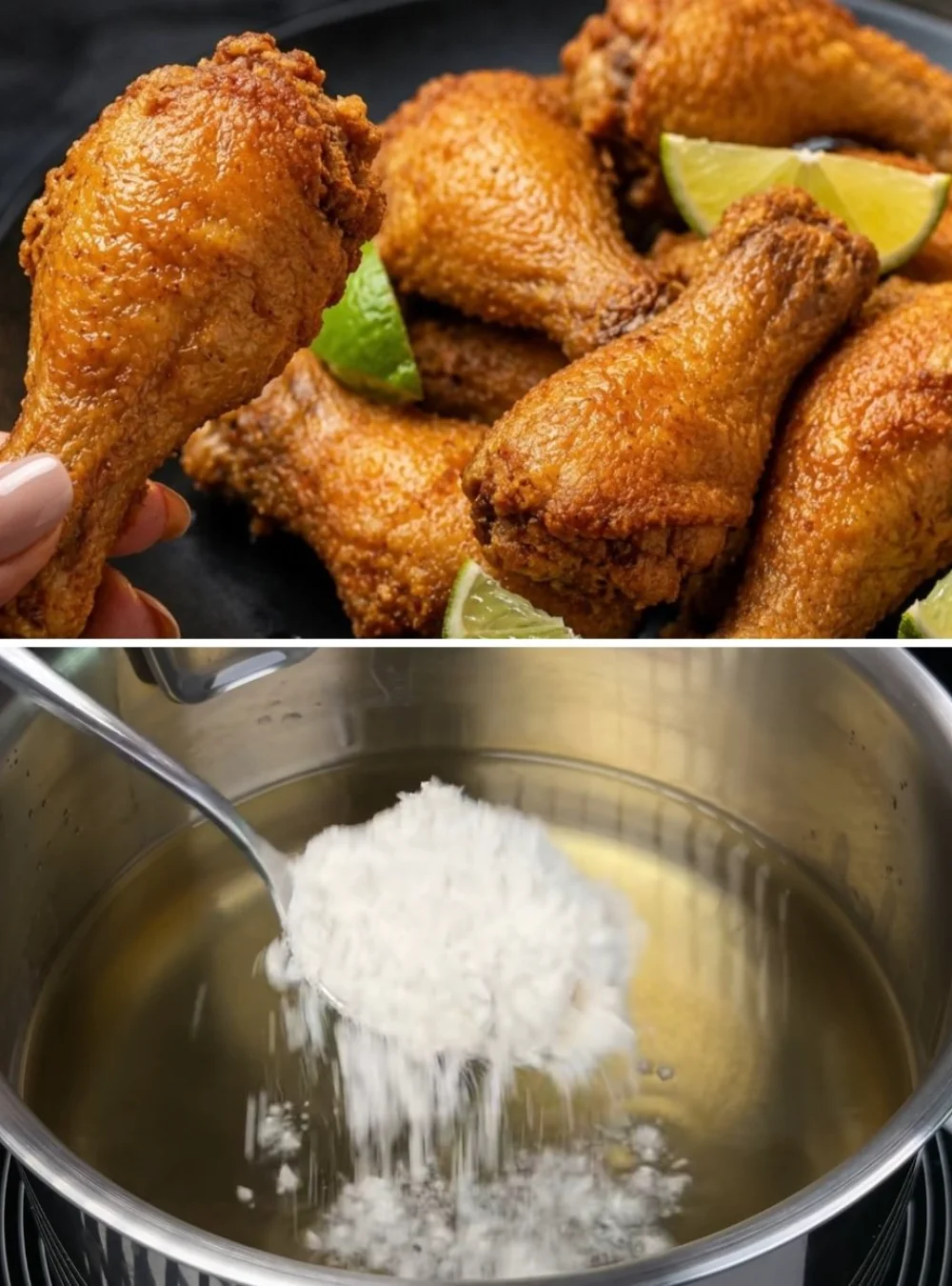 Juicy fried chicken cooked with flour in hot oil for perfect crispiness