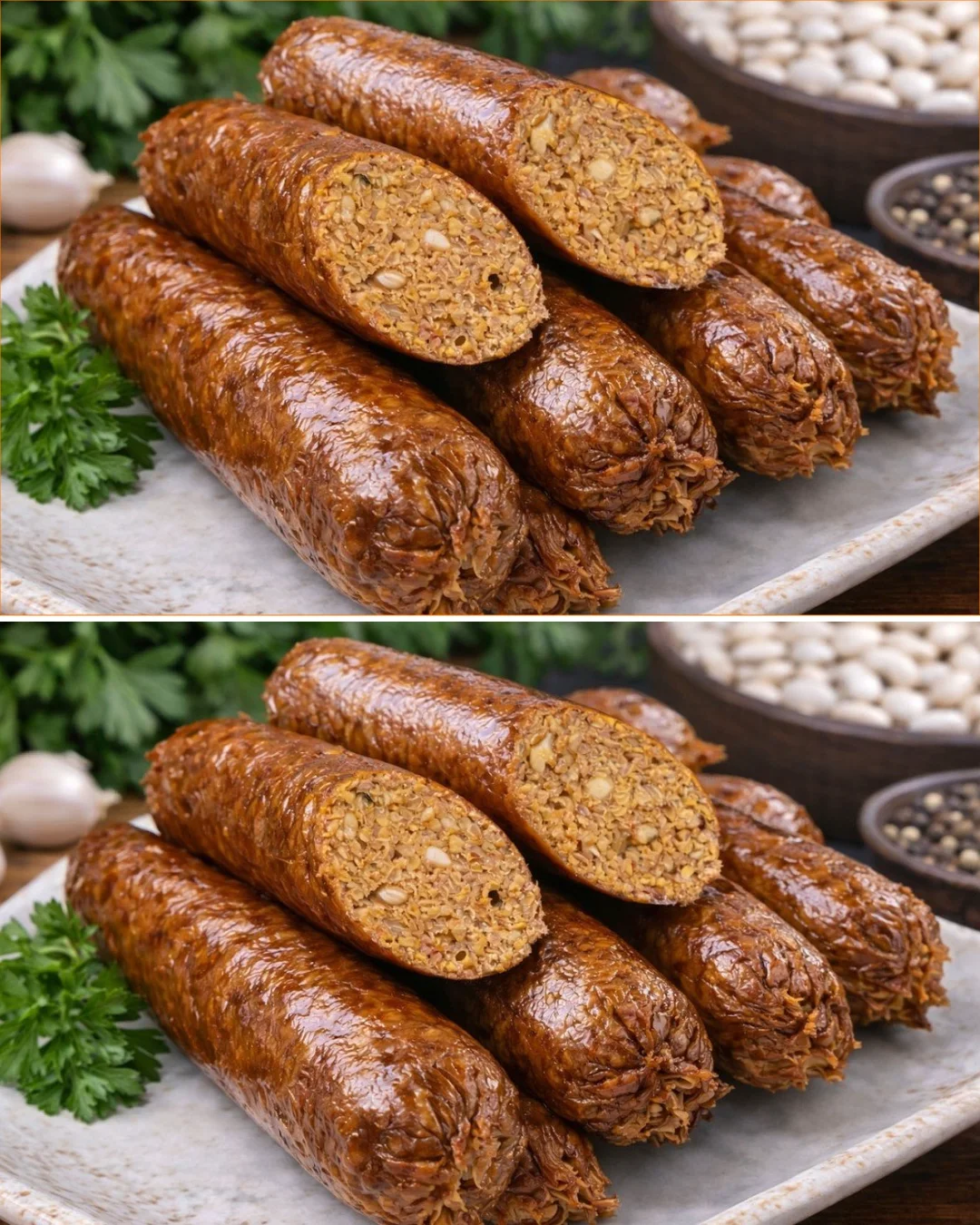 High-protein plant-based sausages on a plate, showcasing a vegan meal option