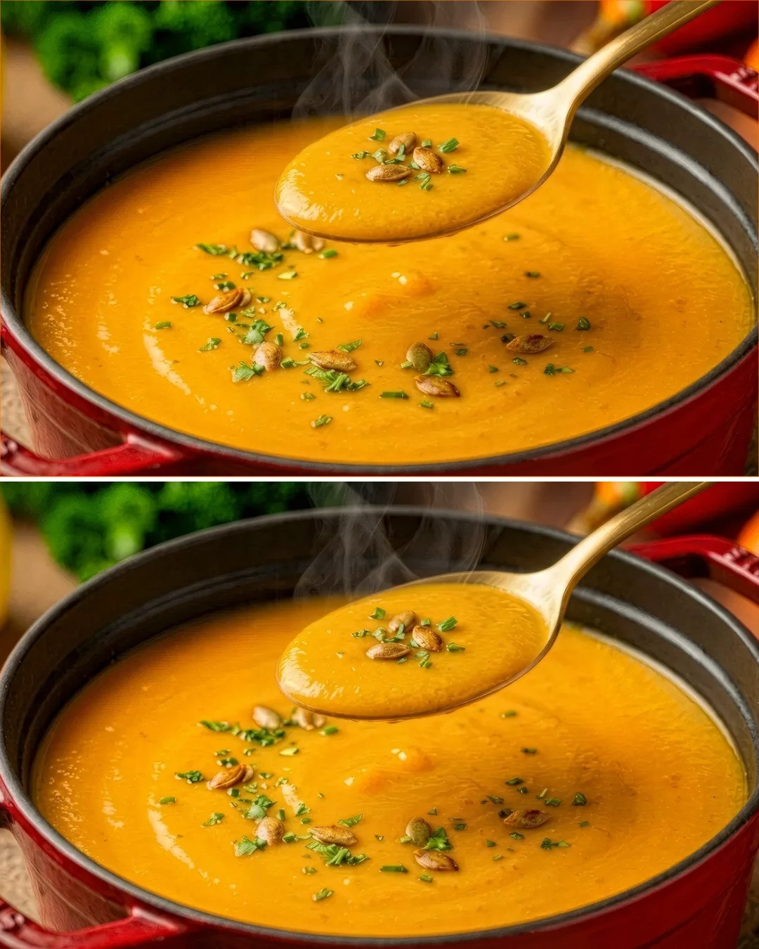 Bowl of delicious pumpkin chickpea soup with herbs and spices