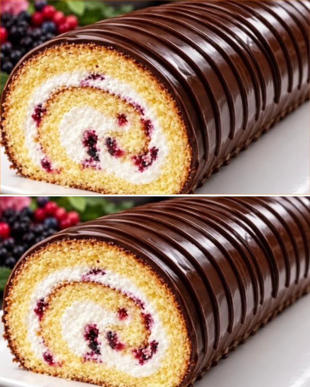 Delicious homemade sponge cake roll with cream filling on a plate.