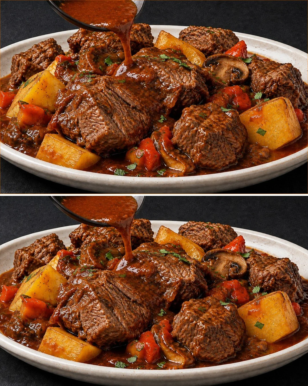 Delicious beef stew with potatoes in a rich sauce served in a bowl