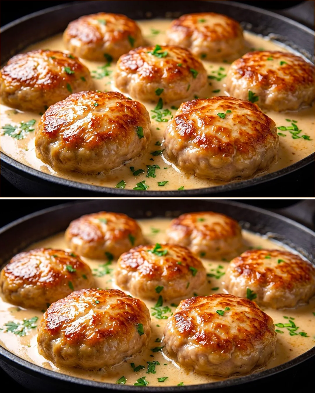 Homemade creamy meat patties served on a plate, garnished with herbs.