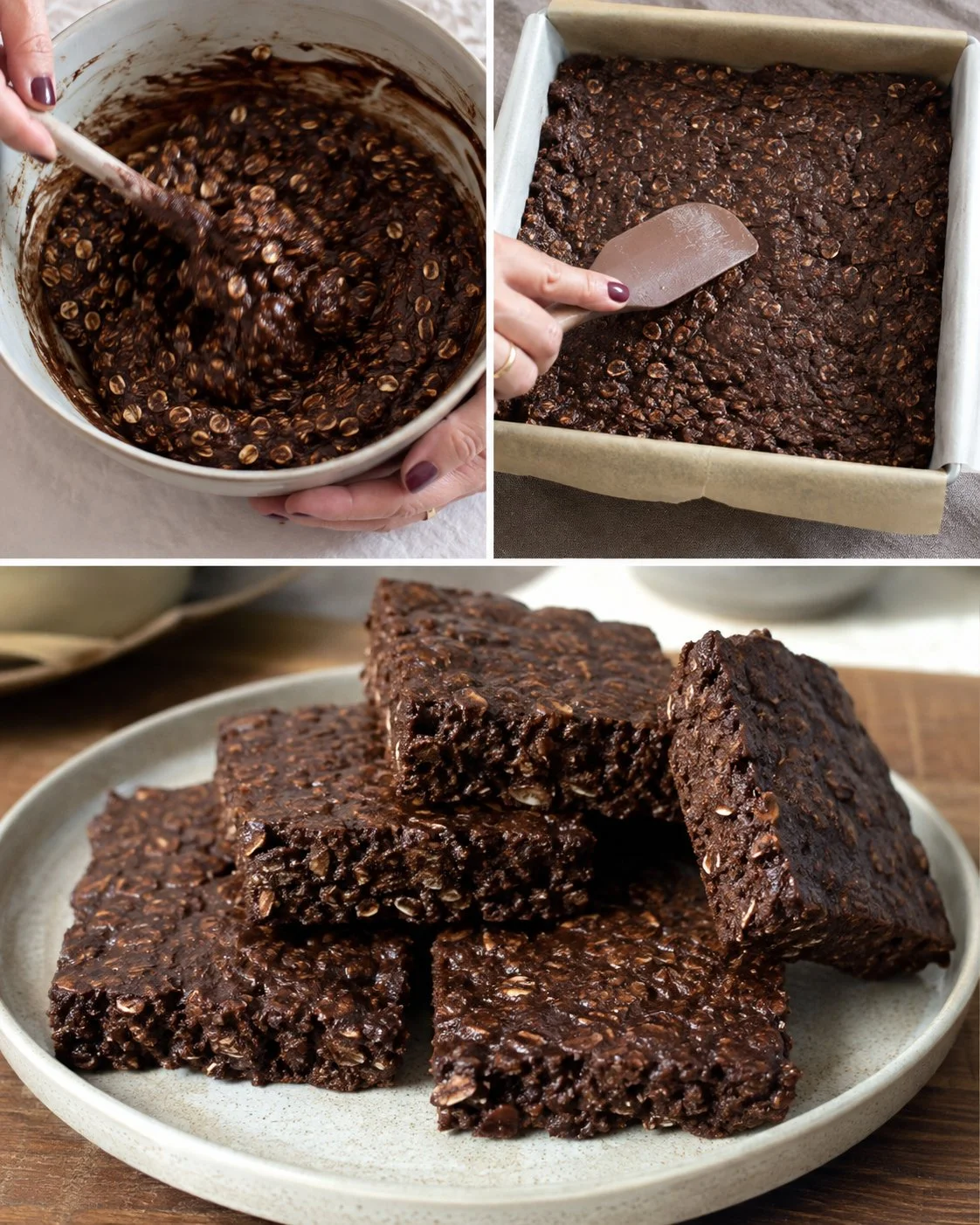No-sugar banana cocoa oat slice with healthy ingredients on a wooden board.