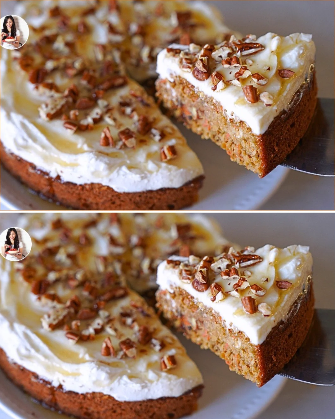 Delicious oat and carrot cake served with a slice cut out on a wooden table