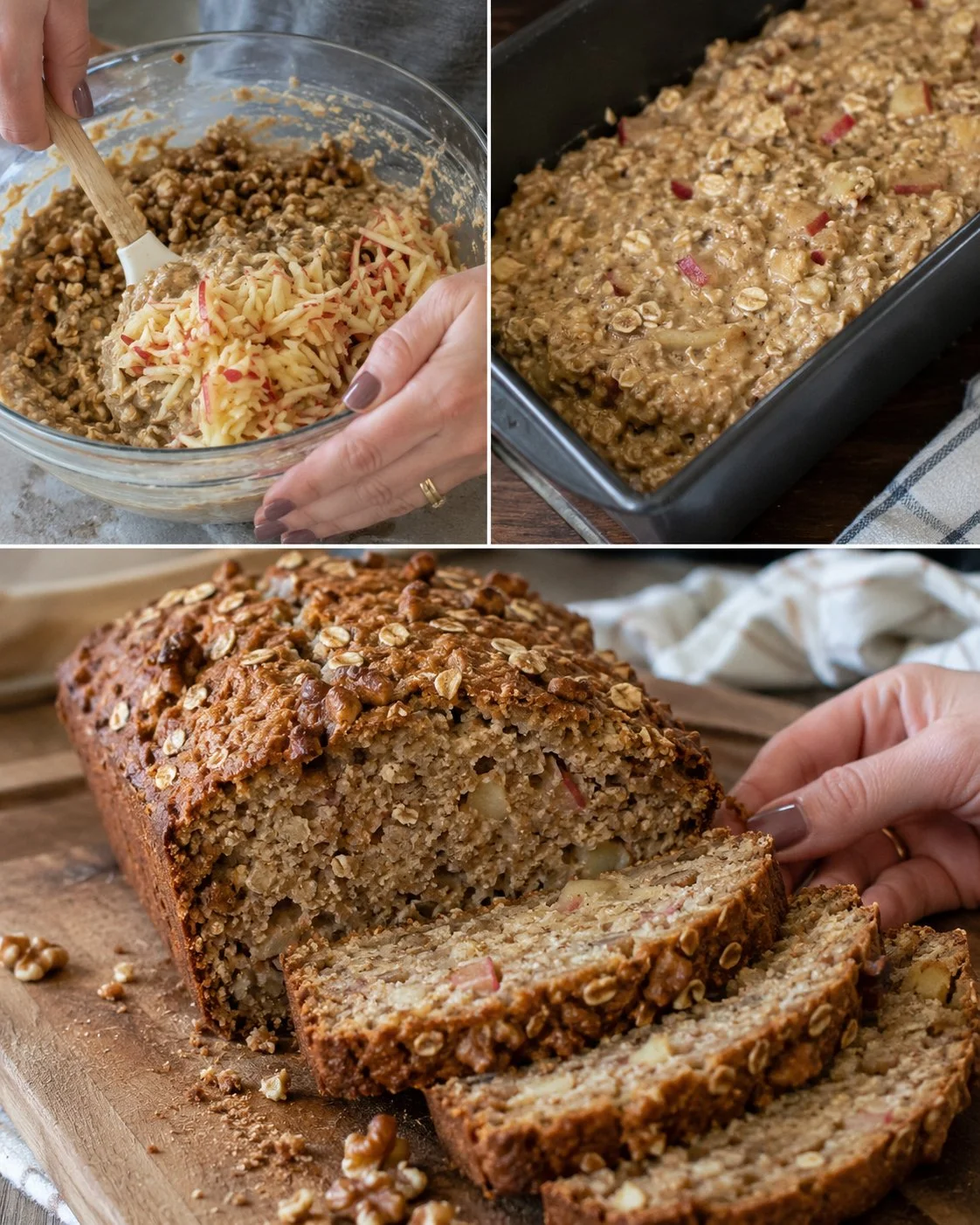 Oatmeal Apple Walnut Breakfast Bread served on a wooden table with fresh apples.