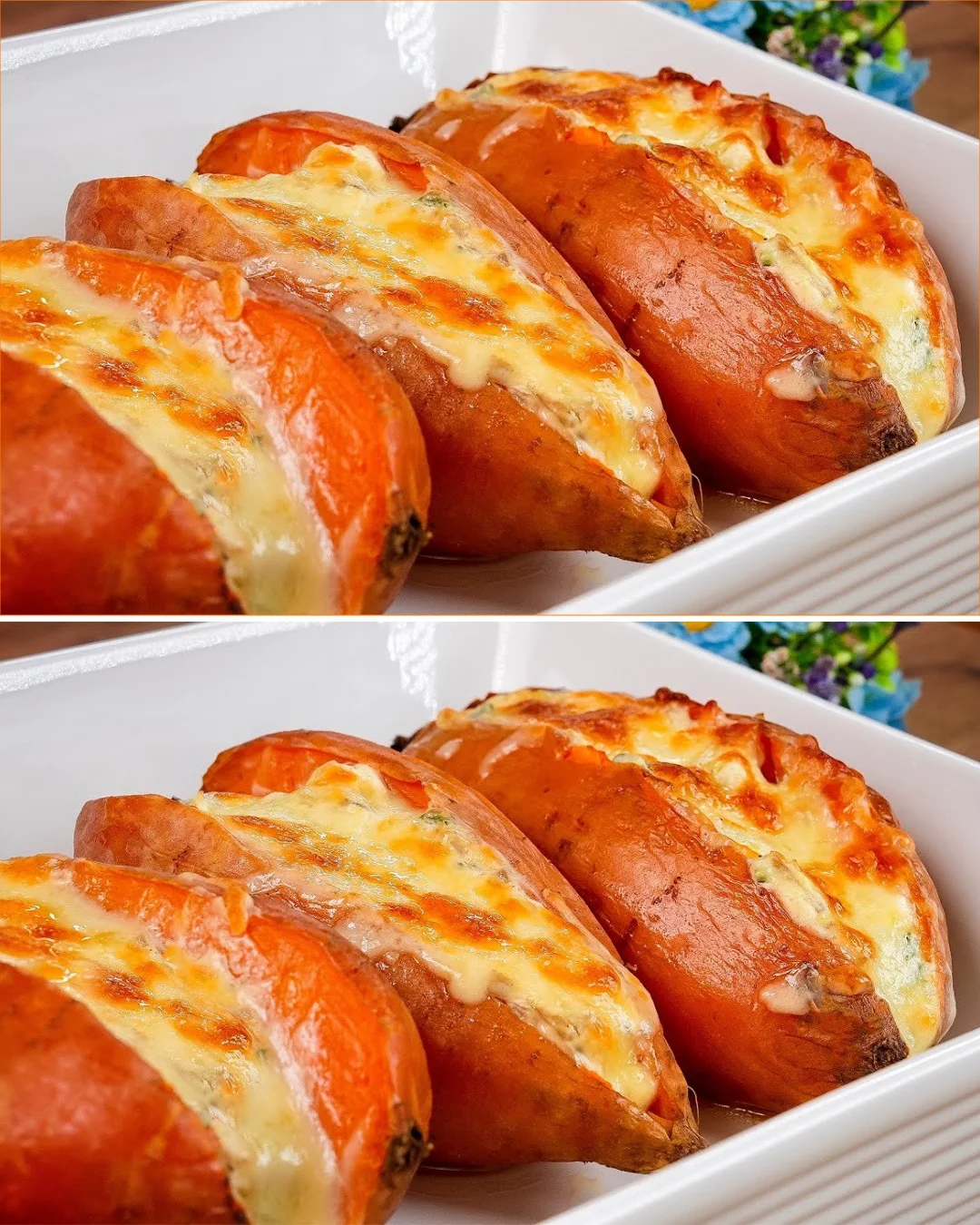 Delicious baked sweet potato with toppings and ingredients.
