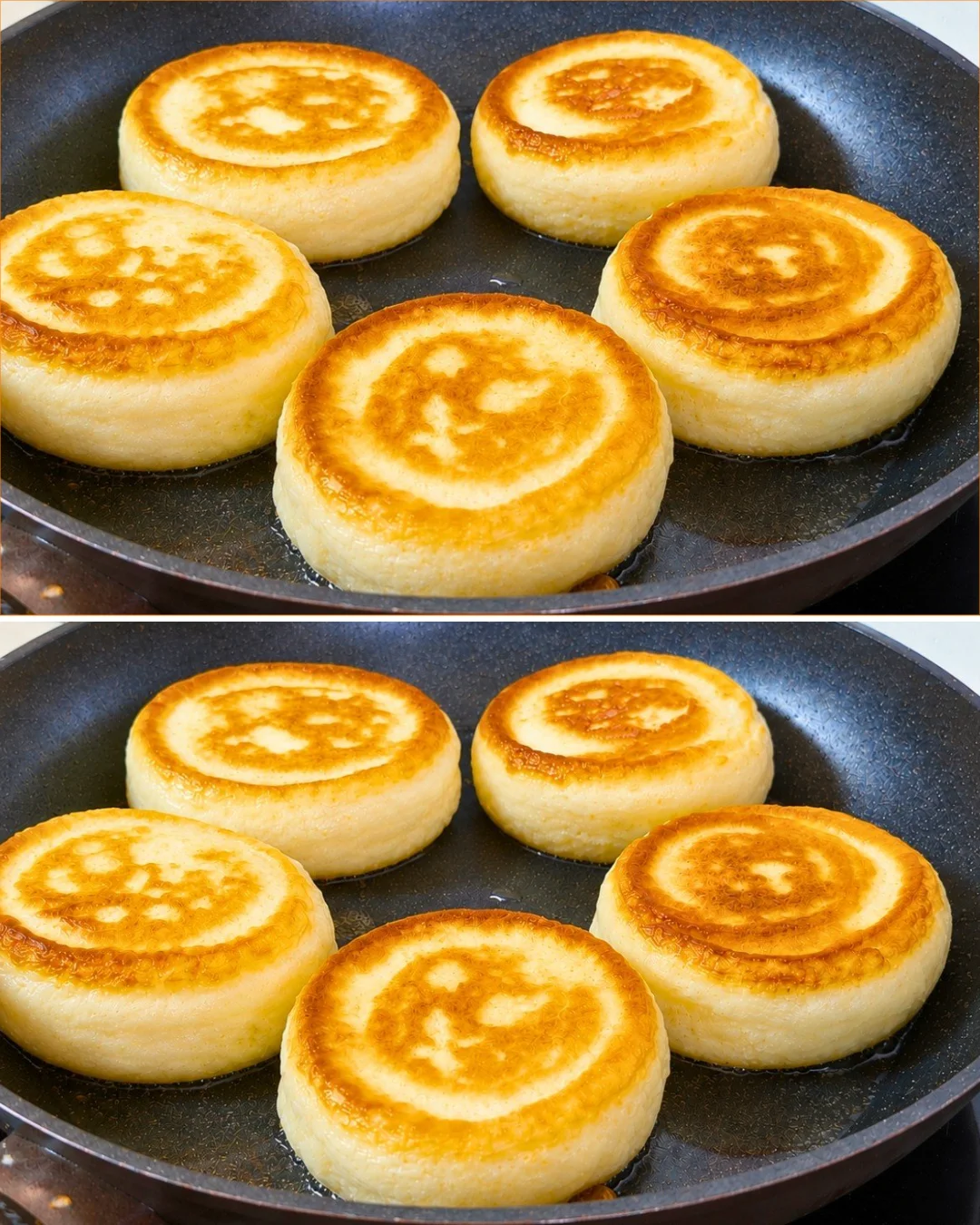 Fluffy donut-like pancakes stacked on a plate with syrup and berries