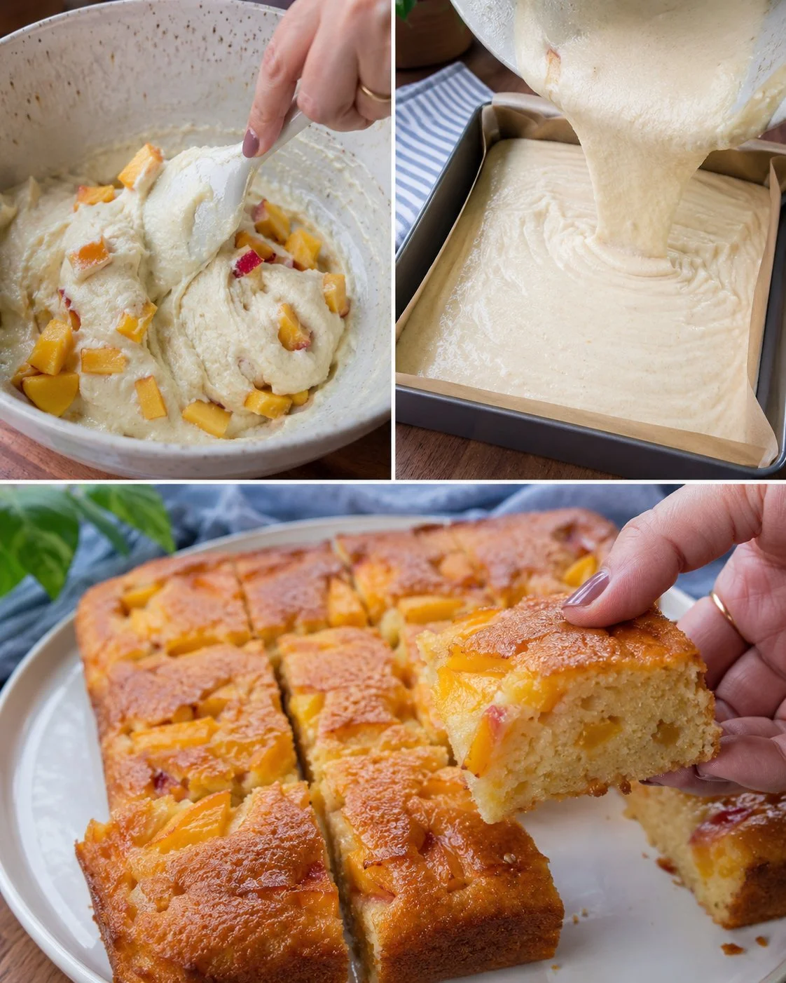 Delicious Peach Vanilla Semolina Slice served on a plate garnished with peach slices.