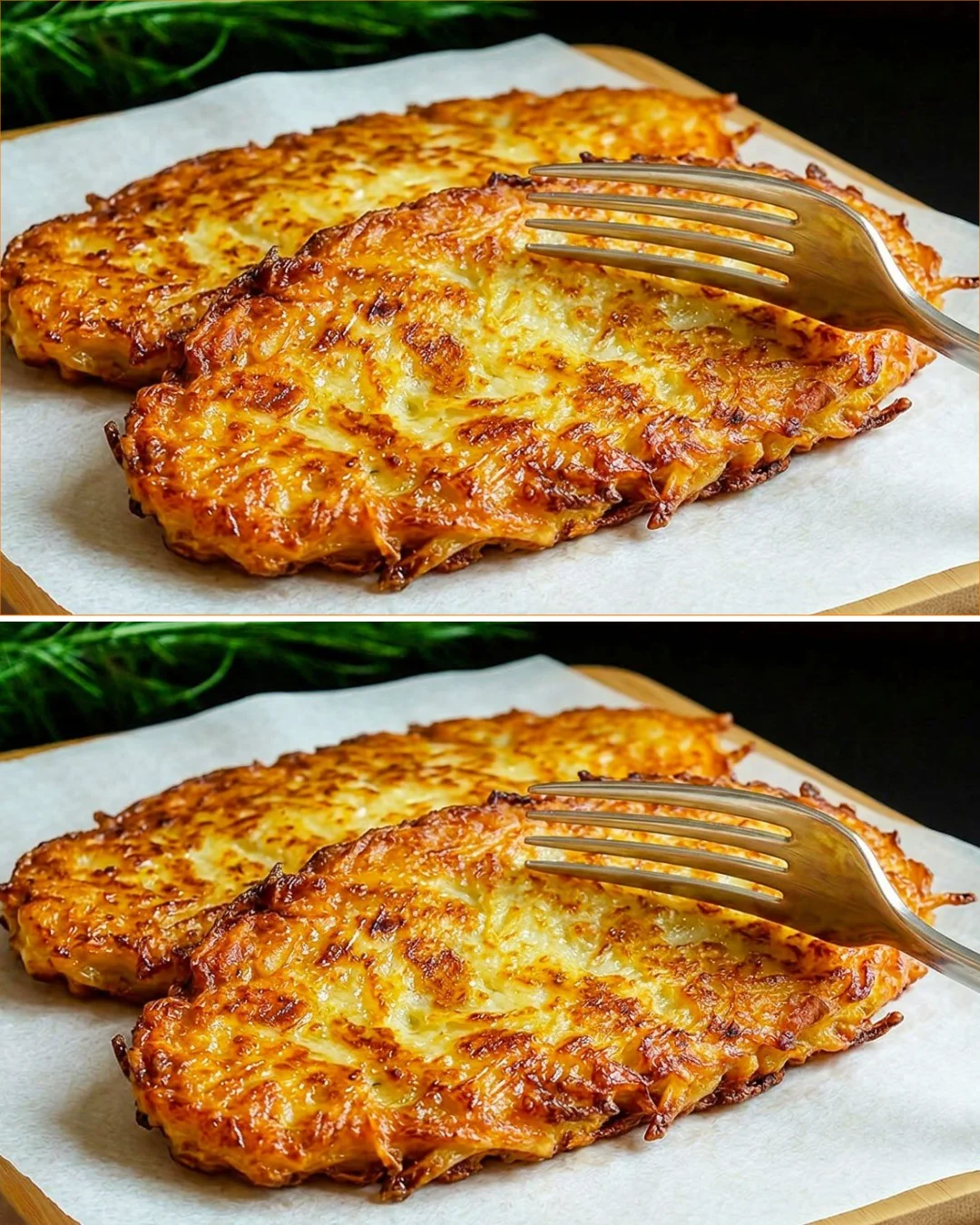 Crispy potato schnitzels served with a side of dipping sauce and garnished with herbs.