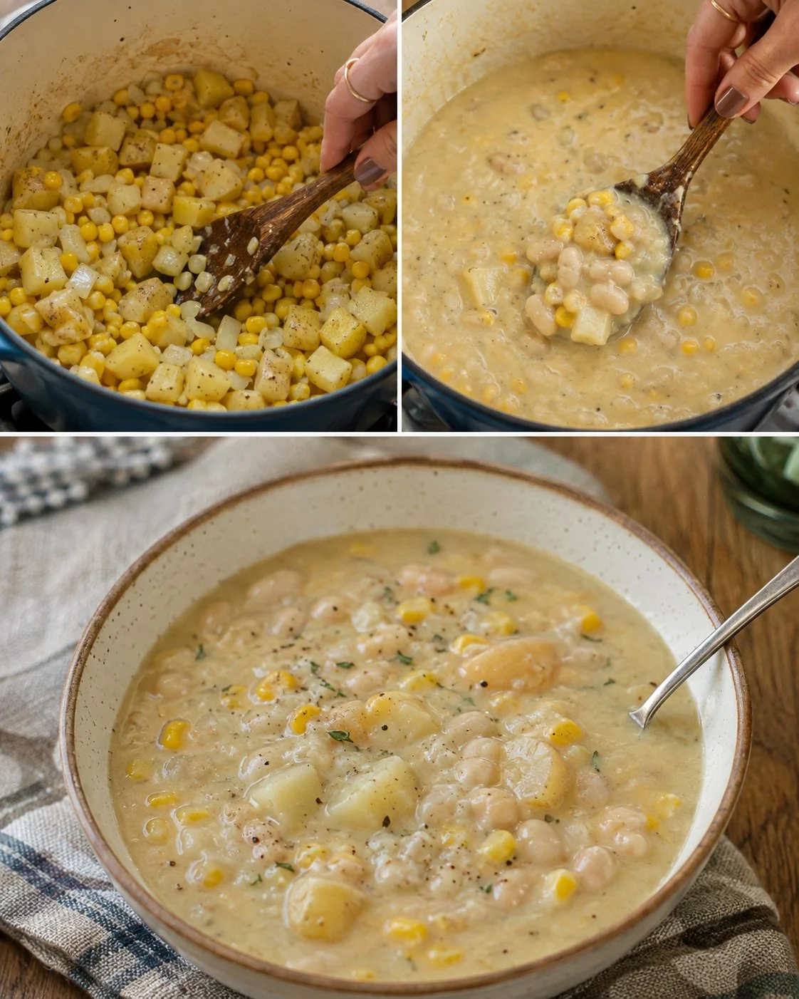 Bowl of creamy potato white bean corn chowder topped with herbs