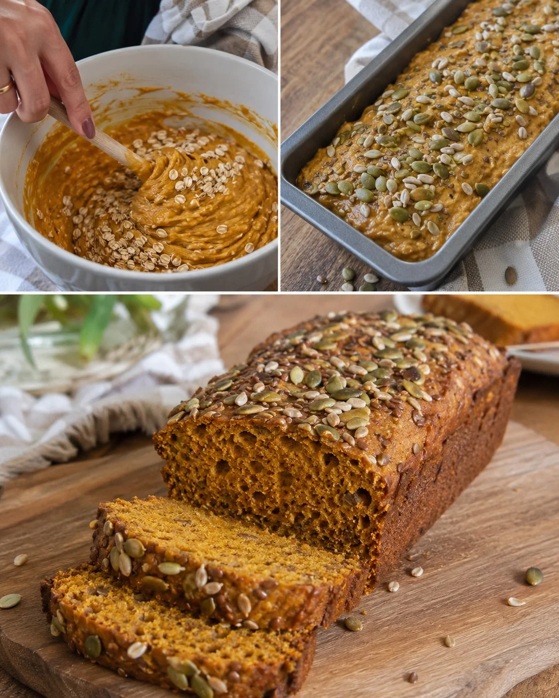 Freshly baked Pumpkin Oat Seed Bread loaf garnished with seeds