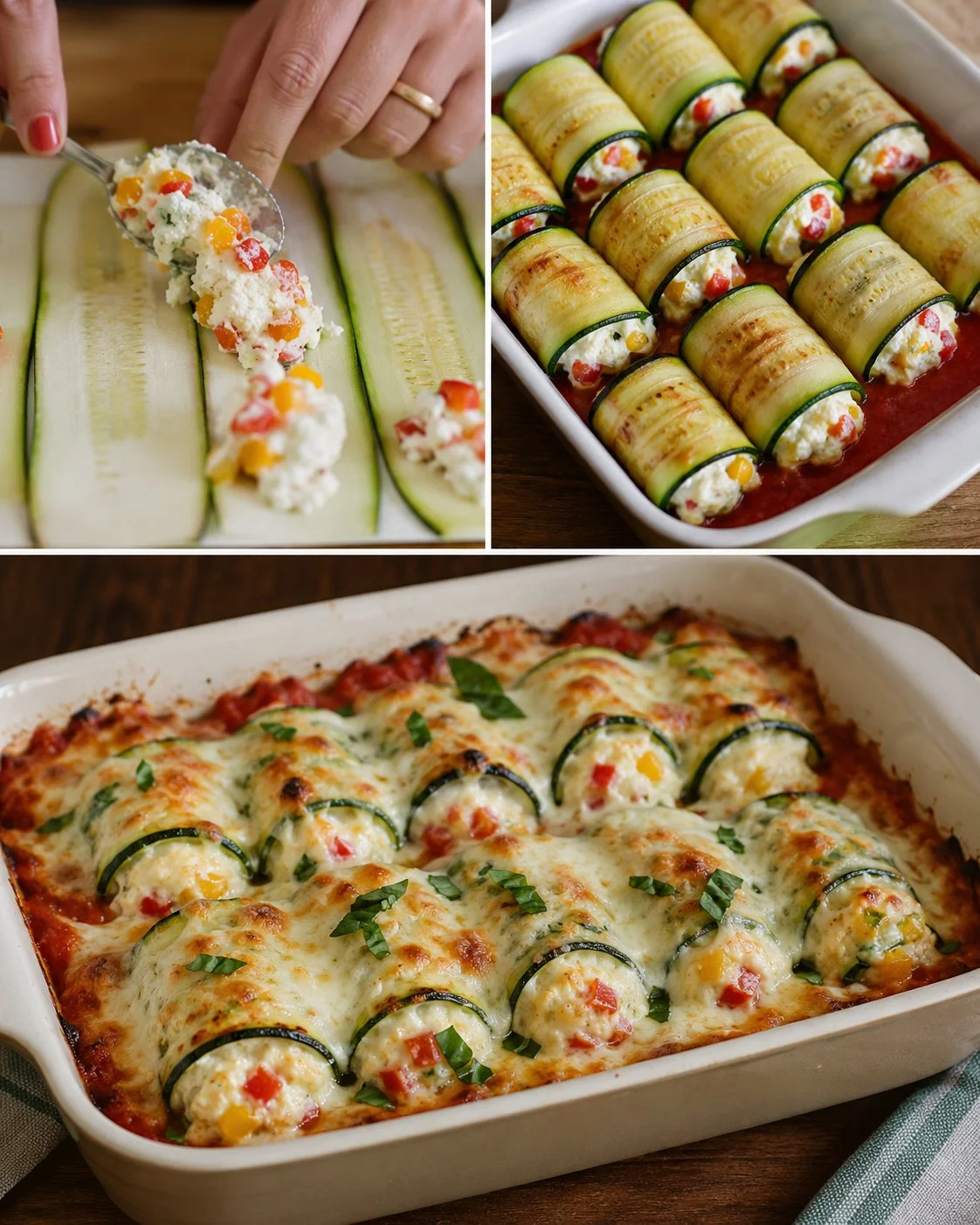 Ricotta pepper zucchini rolls on a plate, garnished with herbs
