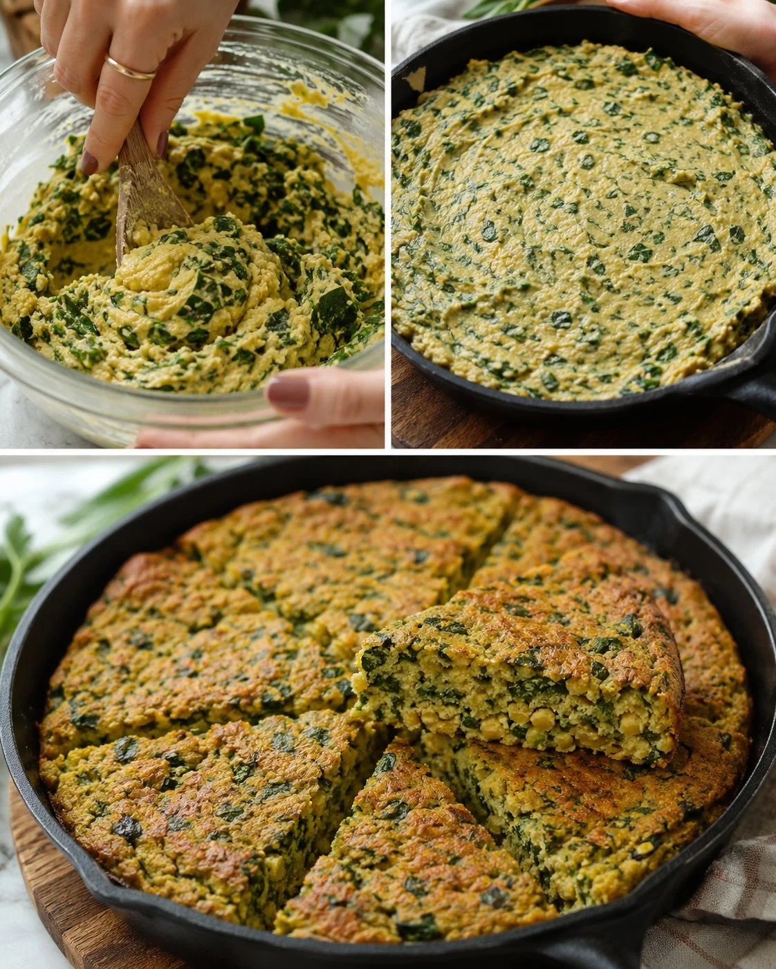 Spinach Chickpea Loaf fresh from the skillet, topped with herbs and spices