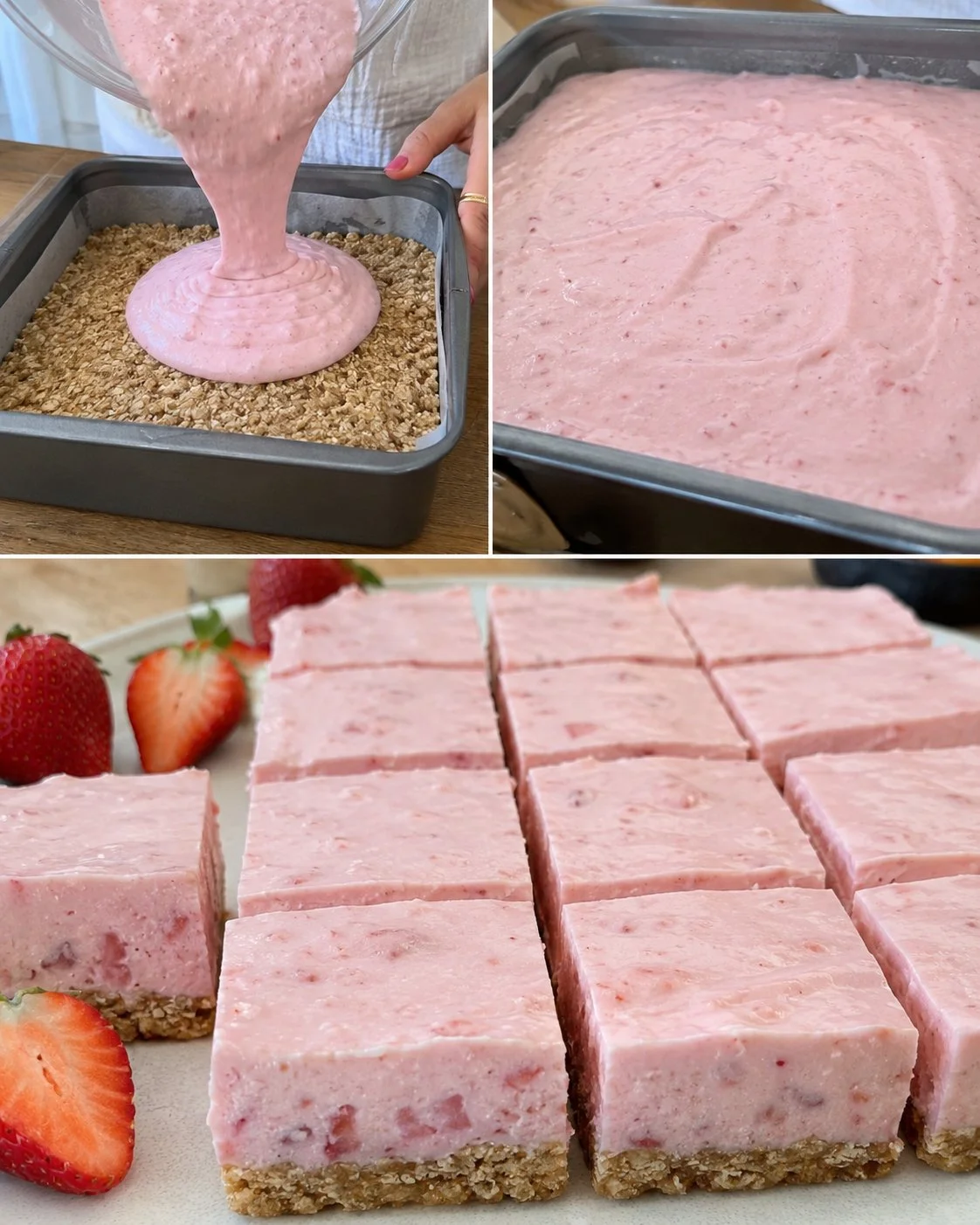 Delicious Strawberry Oat Cheesecake Slice with fresh strawberries and oats