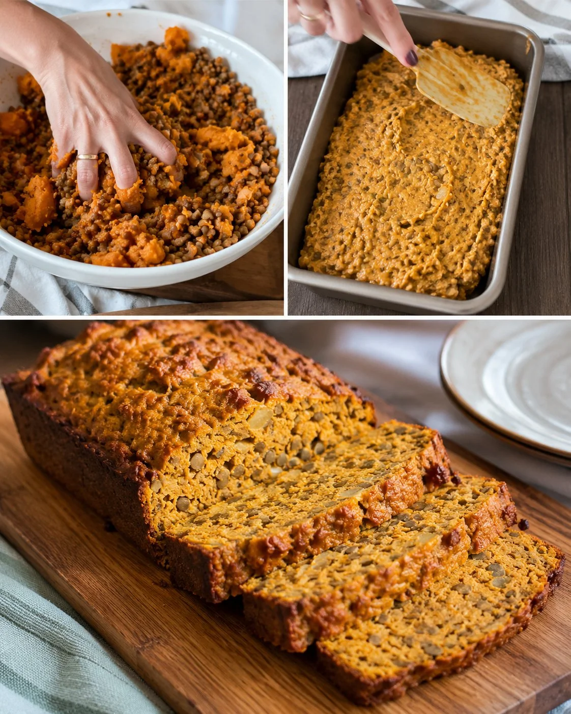 Sweet Potato Lentil Breakfast Loaf served on a wooden board with herbs