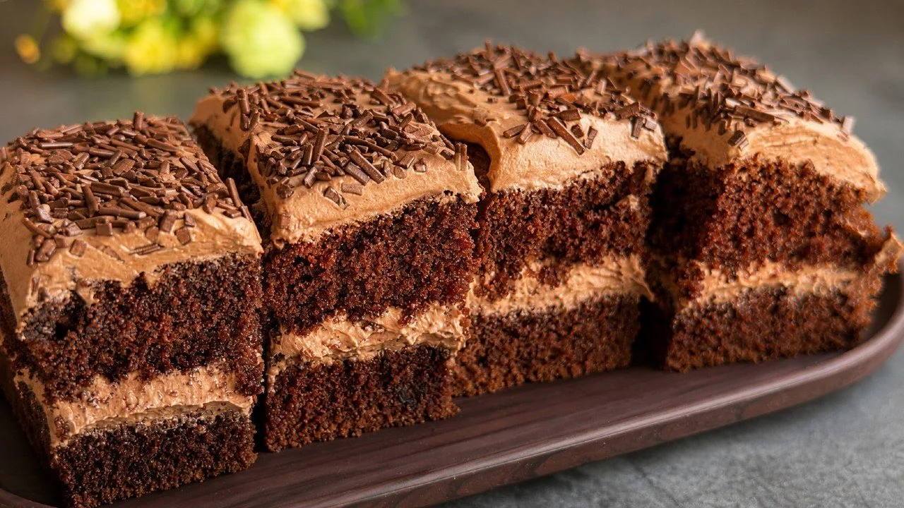 Deliciously moist chocolate cake topped with rich chocolate frosting