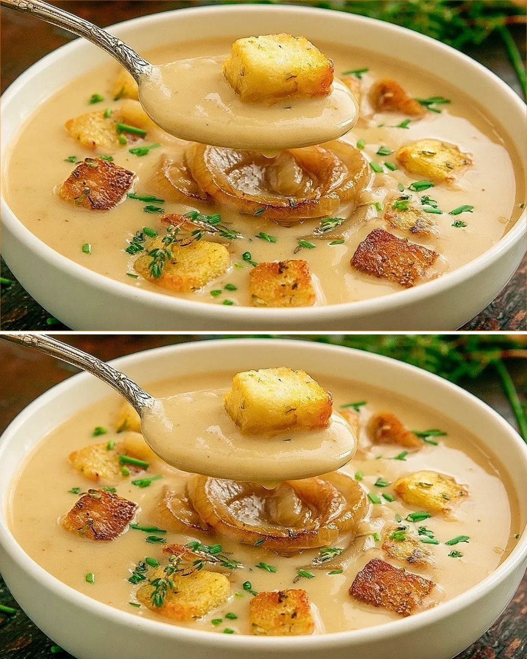 Delicious homemade onion soup garnished with fresh herbs in a bowl.