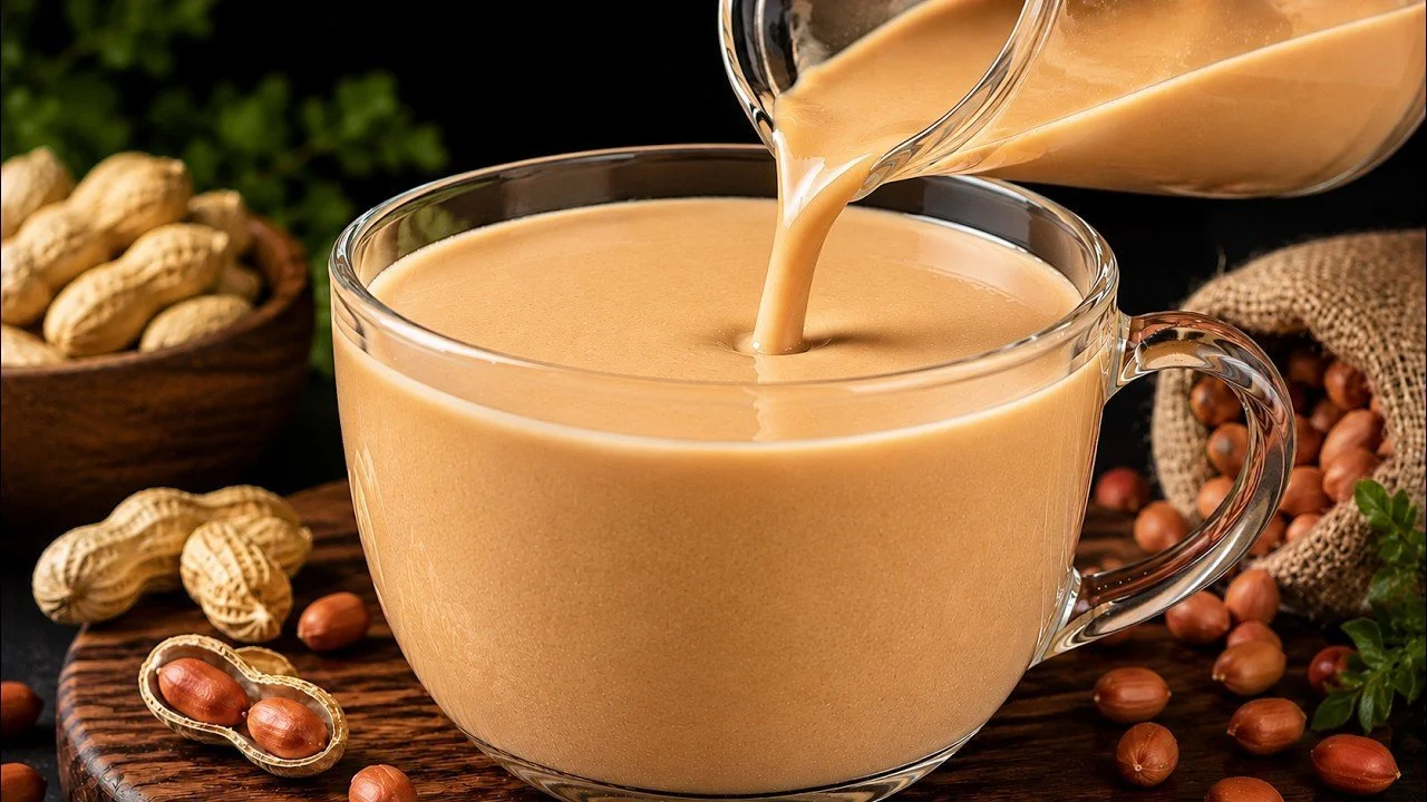 Homemade peanut milk recipe in a glass with peanuts on the side.