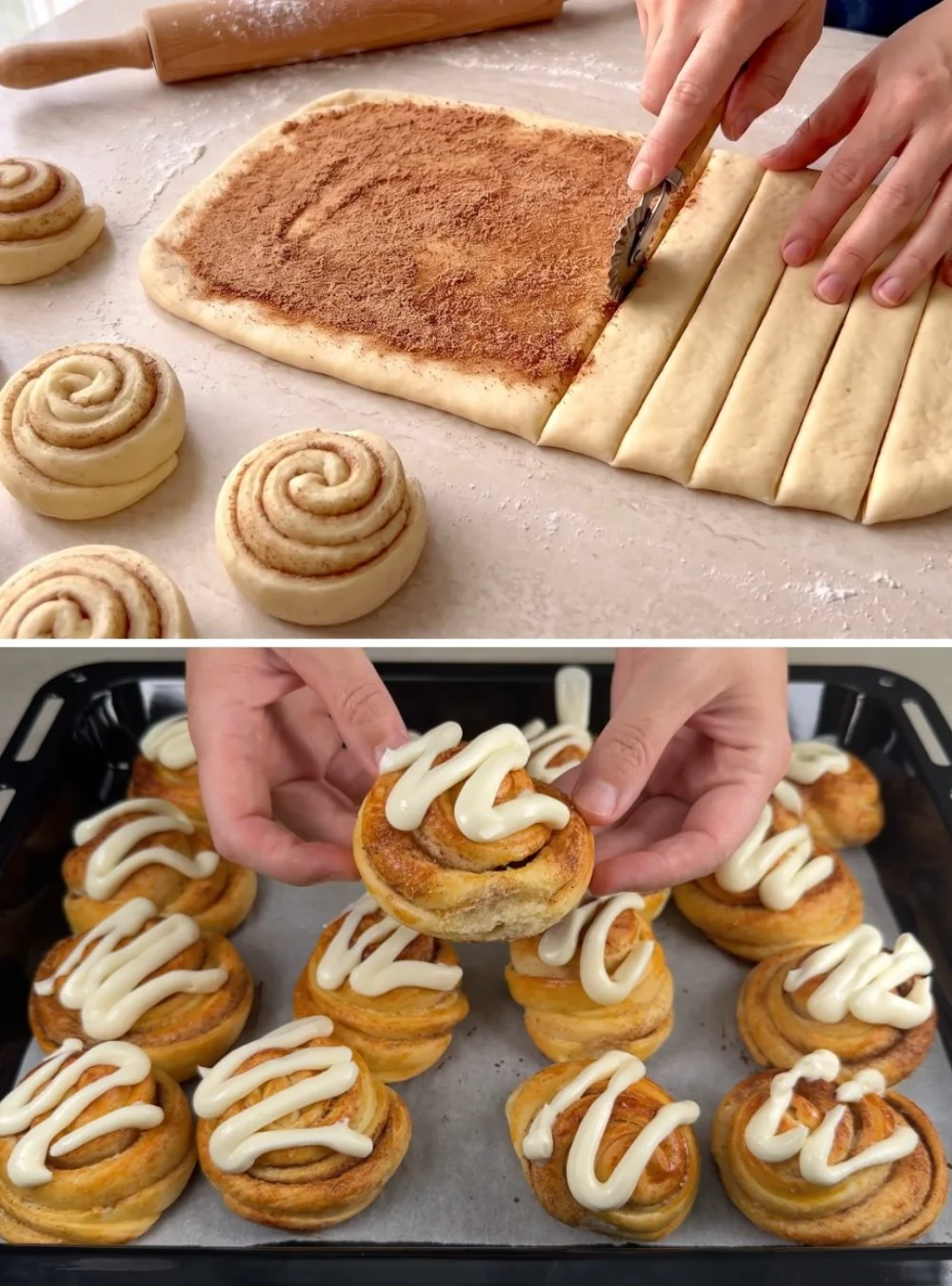 Homemade cinnamon rolls with icing displayed on a wooden table