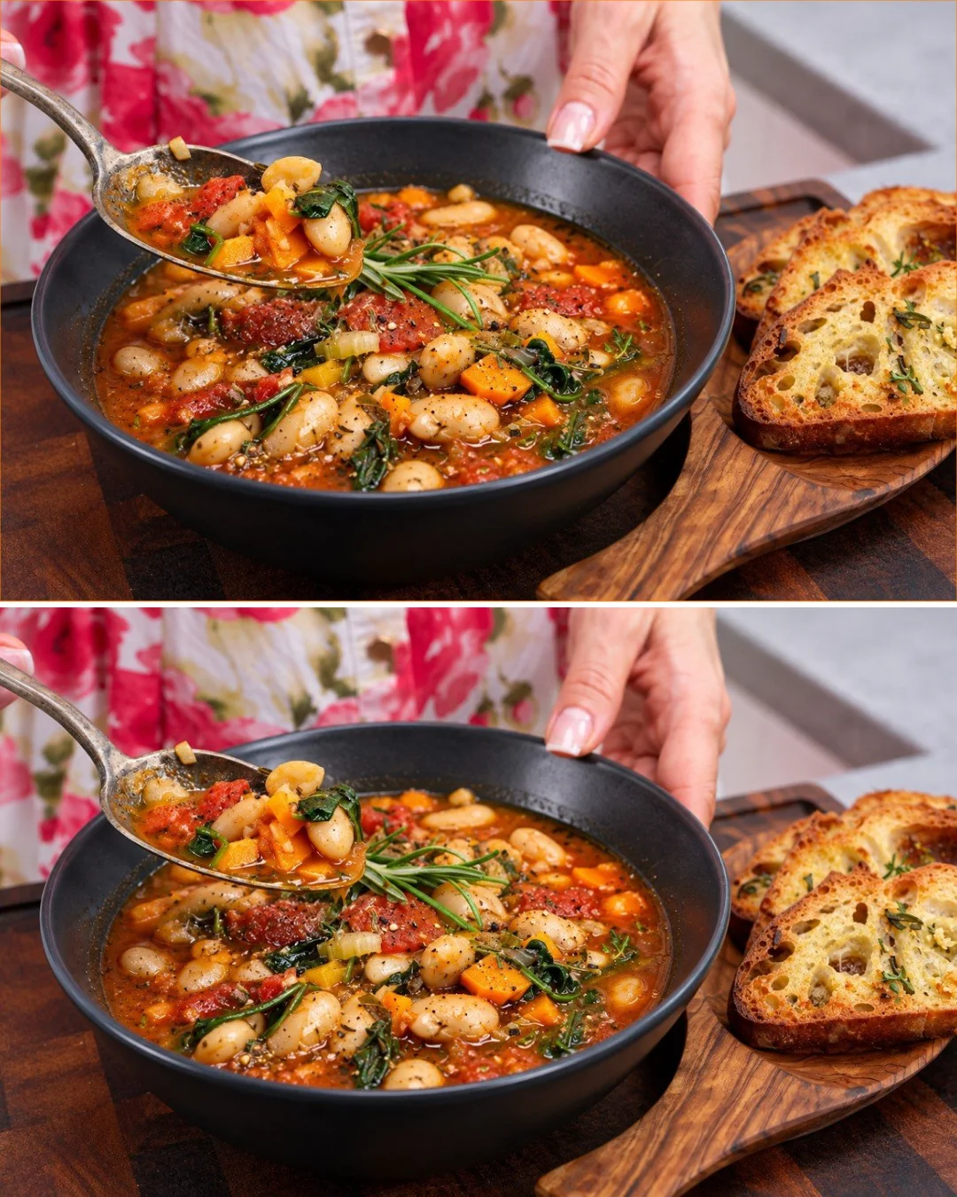 A bowl of Tuscan white bean stew served with garlic bread on the side.