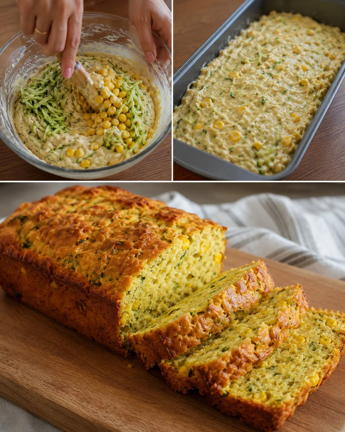 Freshly baked Zucchini Corn Loaf with vibrant zucchini and corn ingredients