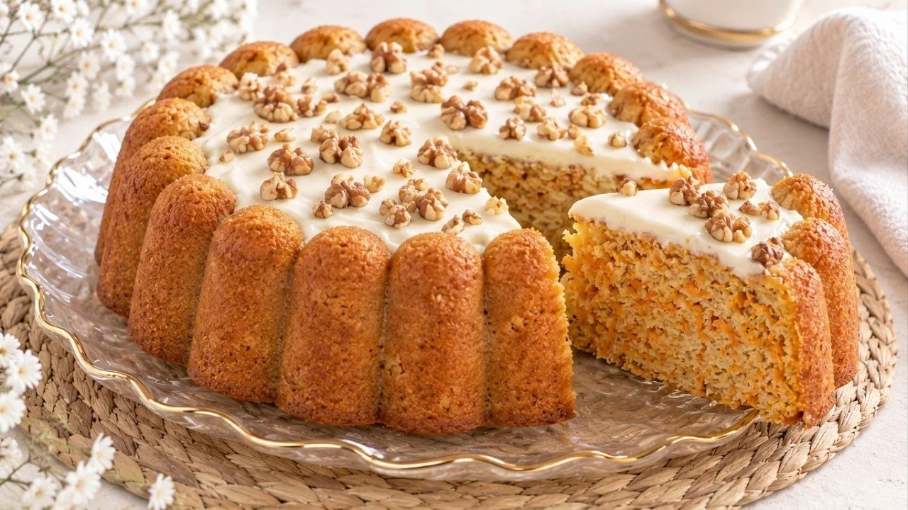 Flour-free pie made with oats, cottage cheese, apple, and carrot for a healthy dessert.