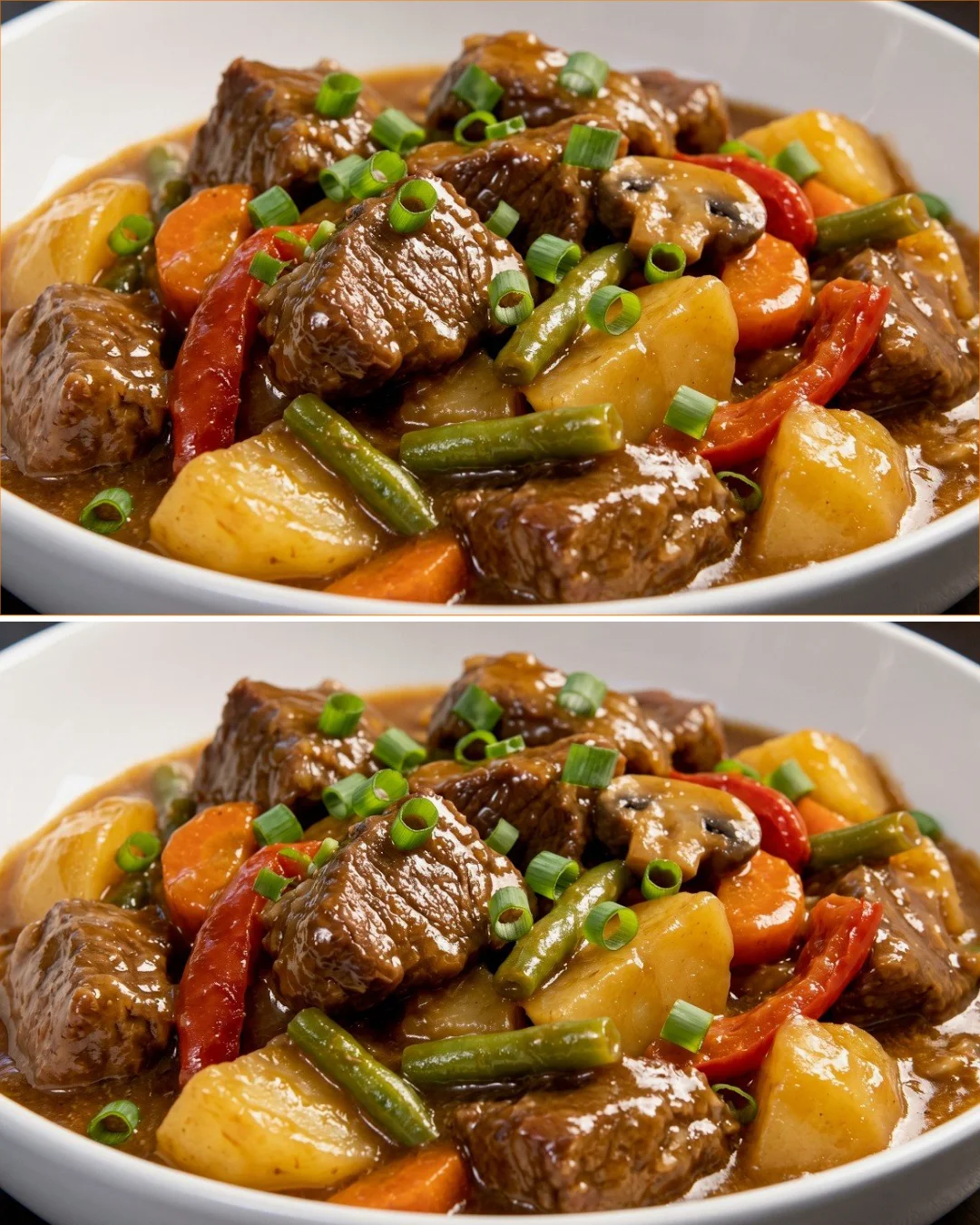 Hearty beef stew with vegetables in a rustic bowl, ready to enjoy.