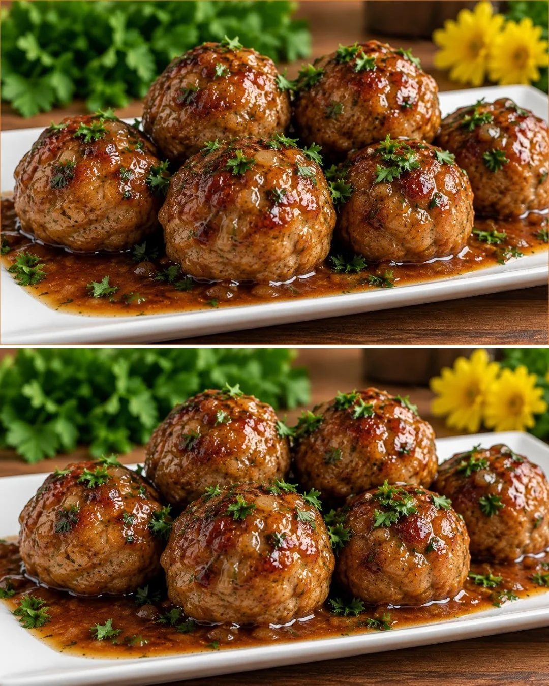 A plate of the juiciest meatballs garnished with herbs and marinara sauce.