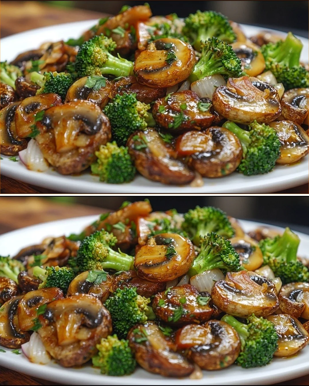 Delicious pan-fried broccoli with mushrooms dish, perfect for a healthy meal.