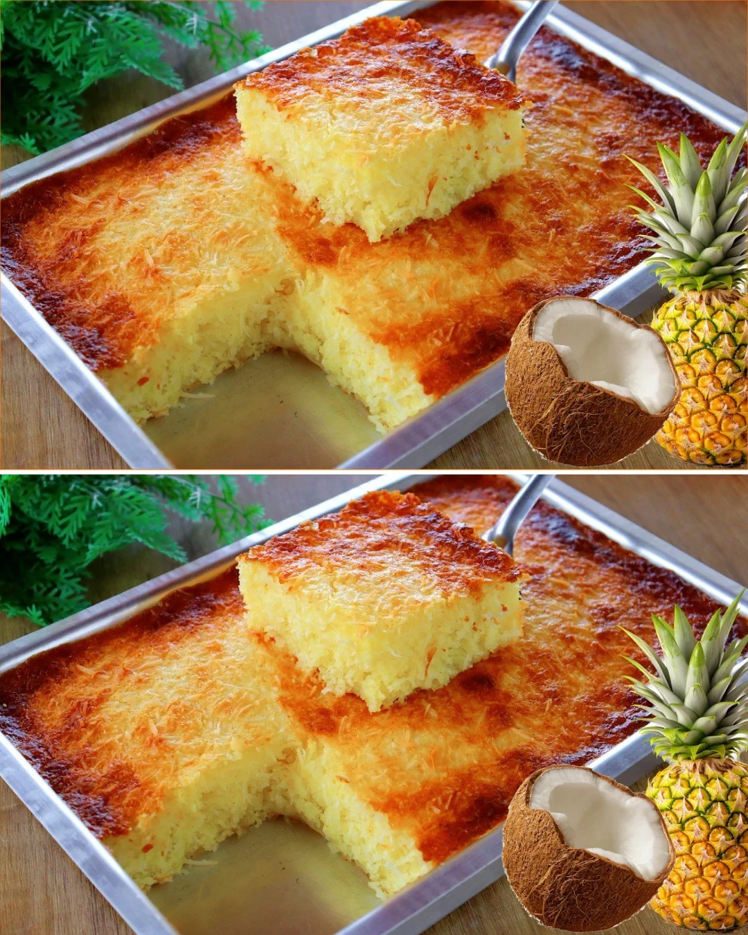 Delicious flourless pineapple coconut cake topped with fresh pineapple and coconut flakes.