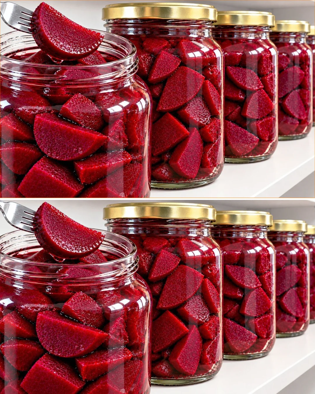 Jars of preserved beets stored without refrigeration for long-term use.