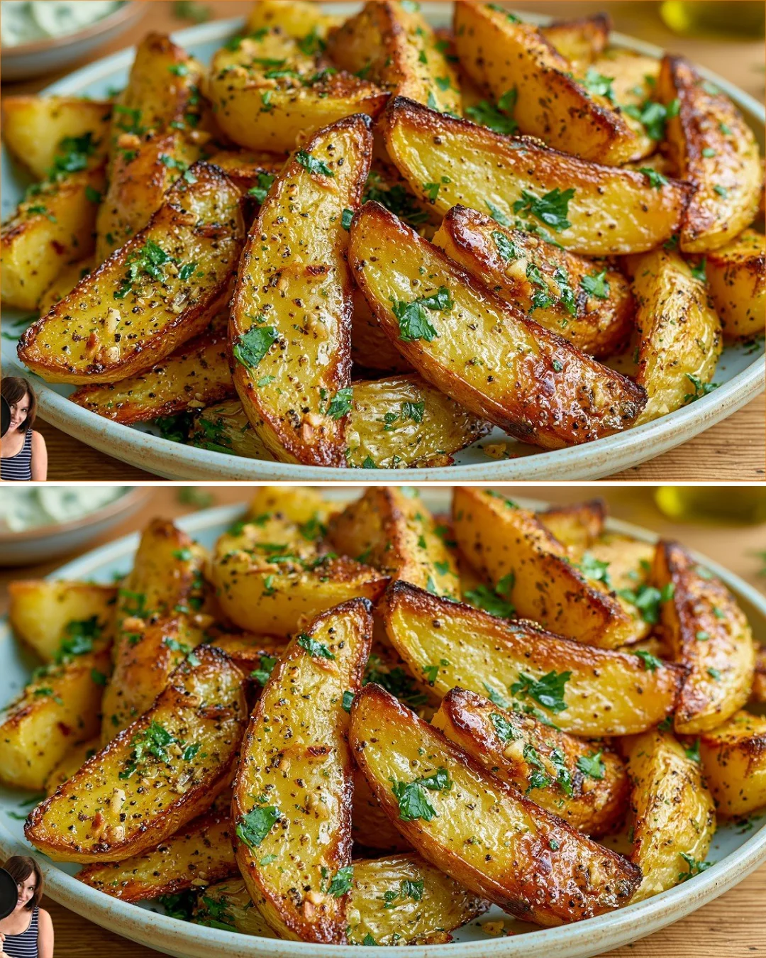 Crispy garlic butter roasted potatoes on a plate.