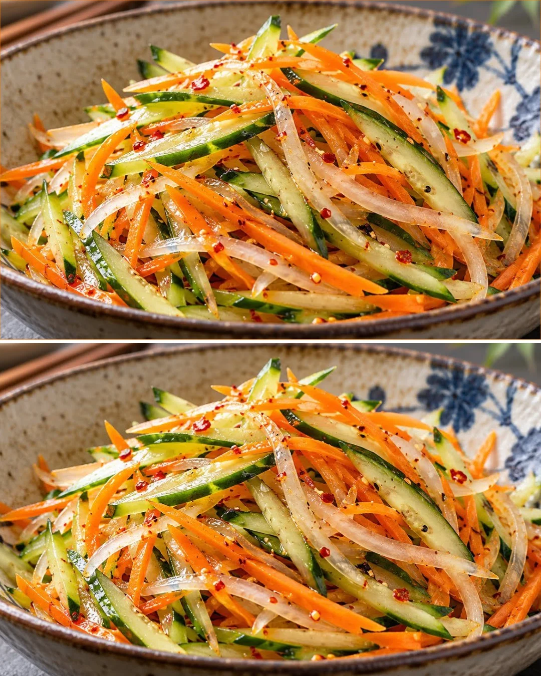 Delicious Japanese cucumber and carrot salad ready to serve with a crunchy texture.