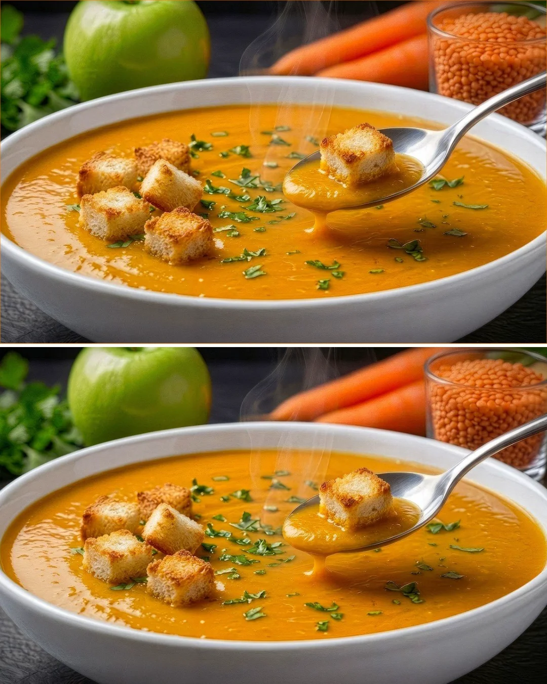 Bowl of lentil carrot soup rich in fiber and protein, low in cholesterol.