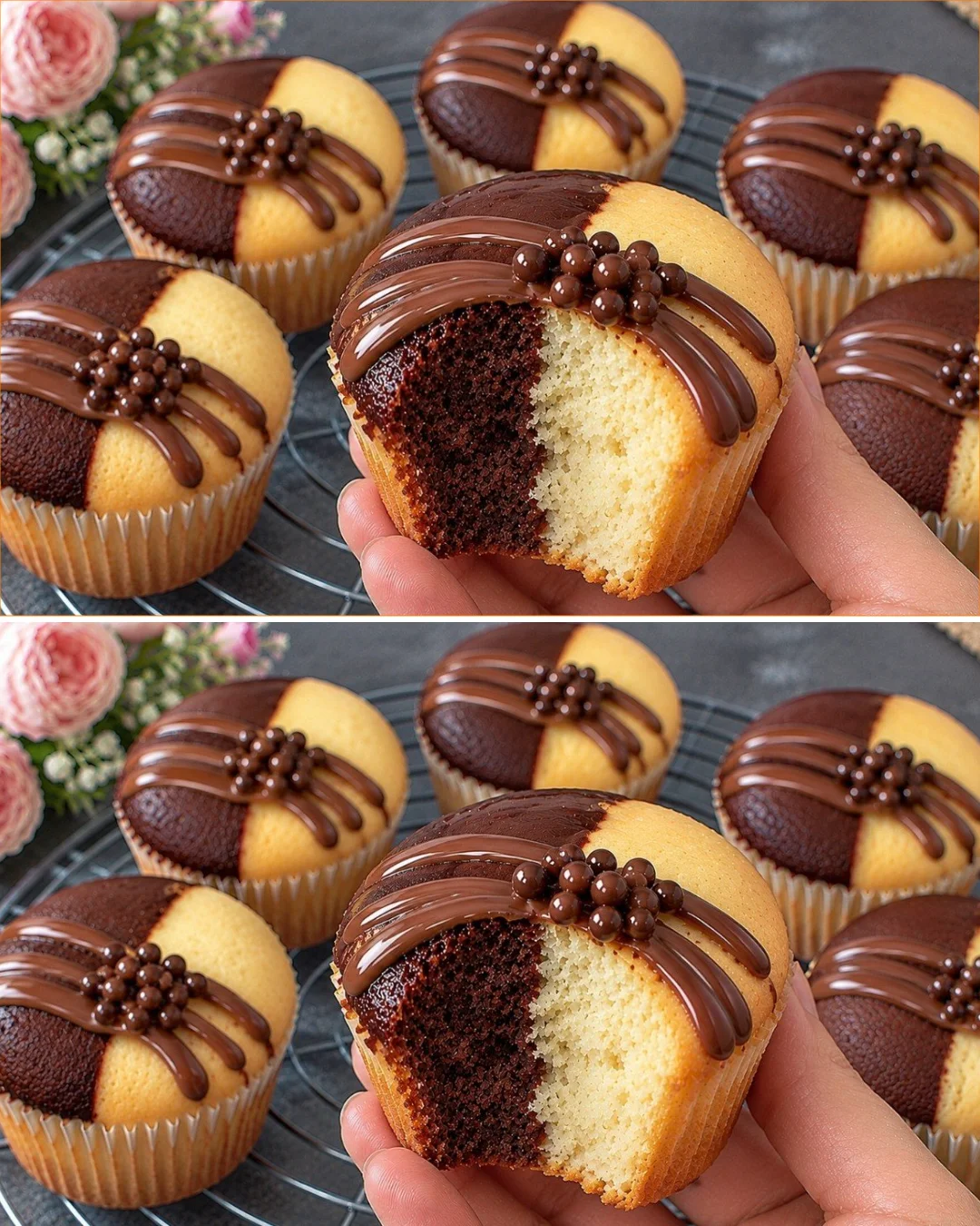 Two flavors of cupcakes made with just 1 egg, ready in 5 minutes.