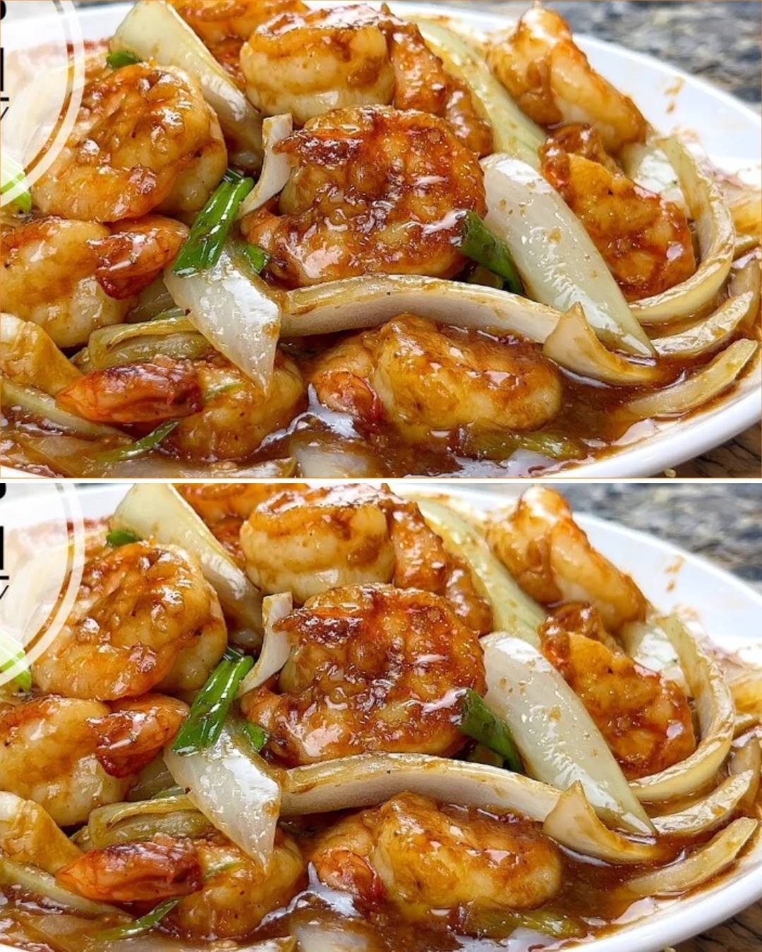 Shrimp stir fry with onions and vegetables in a colorful dish