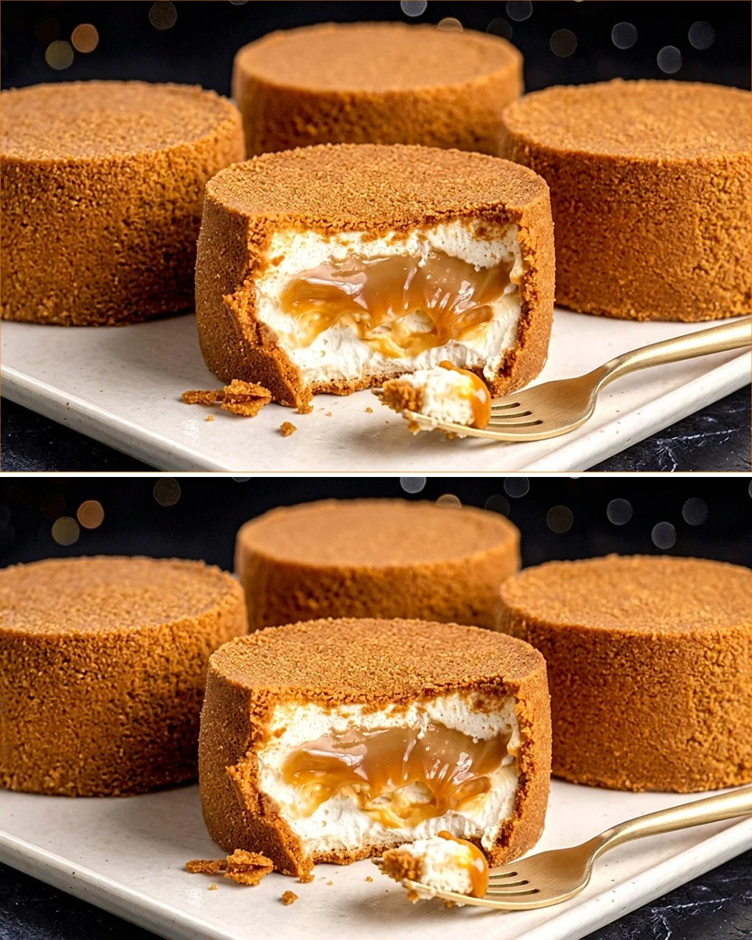 Delicious mini cheesecakes drizzled with caramel topping