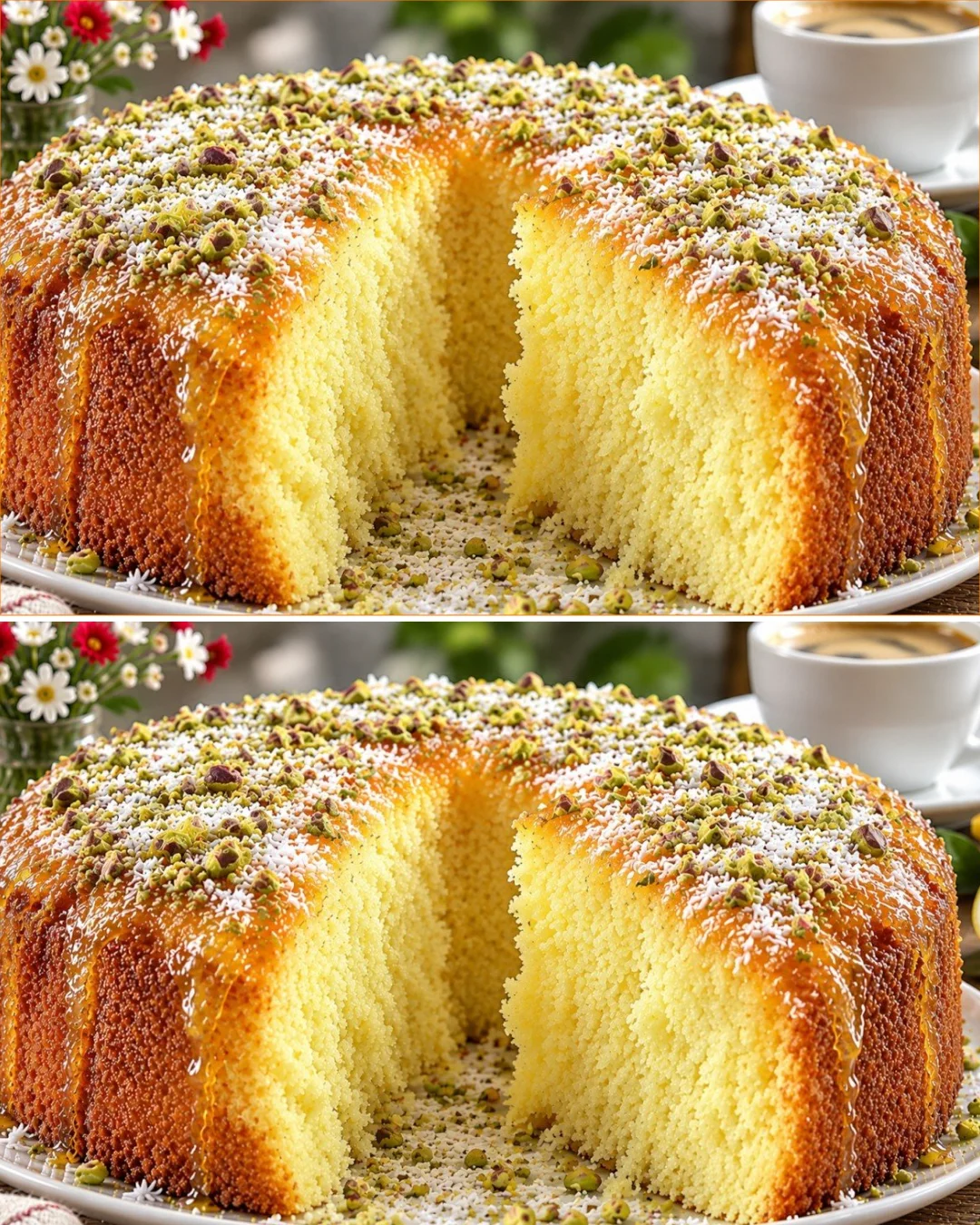 Slice of the famous French yogurt cake with fruit topping and a cup of tea