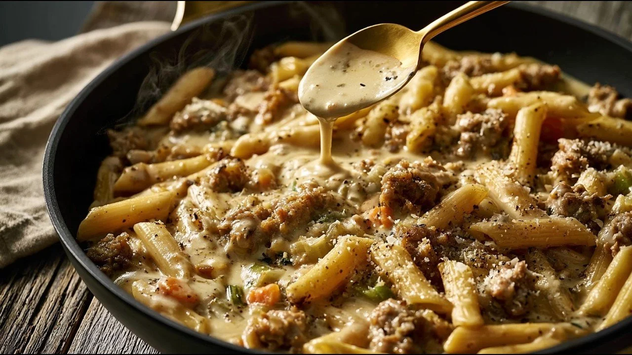 A plate of delicious Tuscan pasta garnished with fresh herbs and parmesan.
