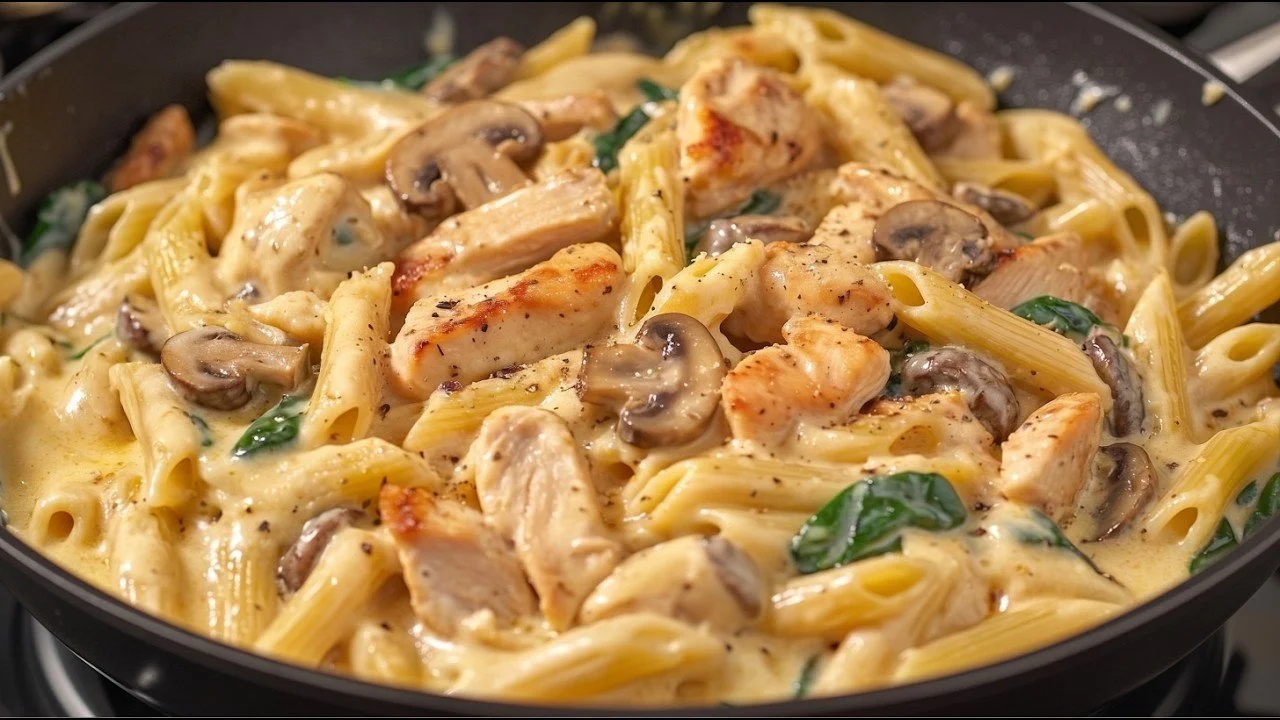Delicious pasta with juicy chicken, served in a bowl.