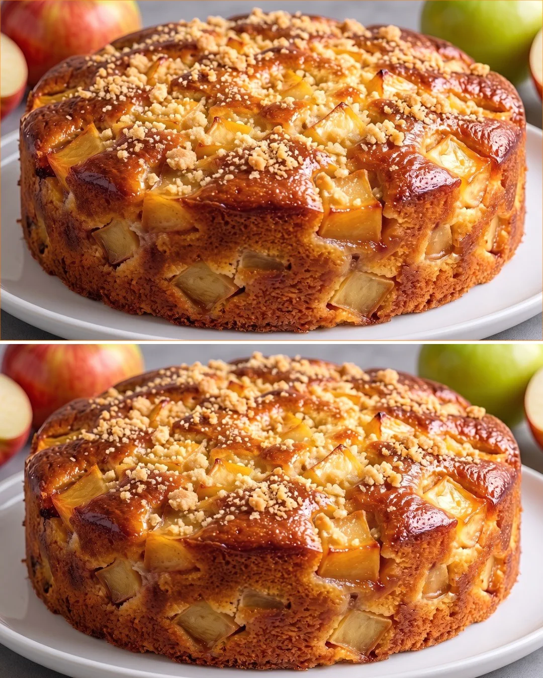 Delicious slice of German apple cake with apples and cinnamon on a plate