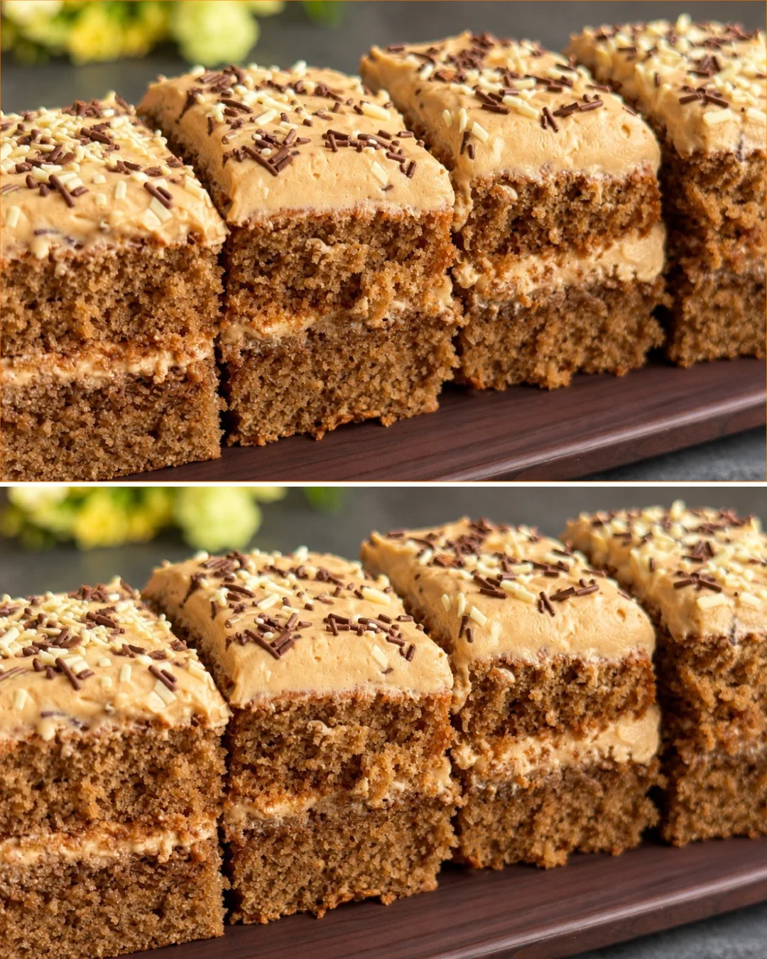 The softest coffee cake with coffee frosting on a plate.
