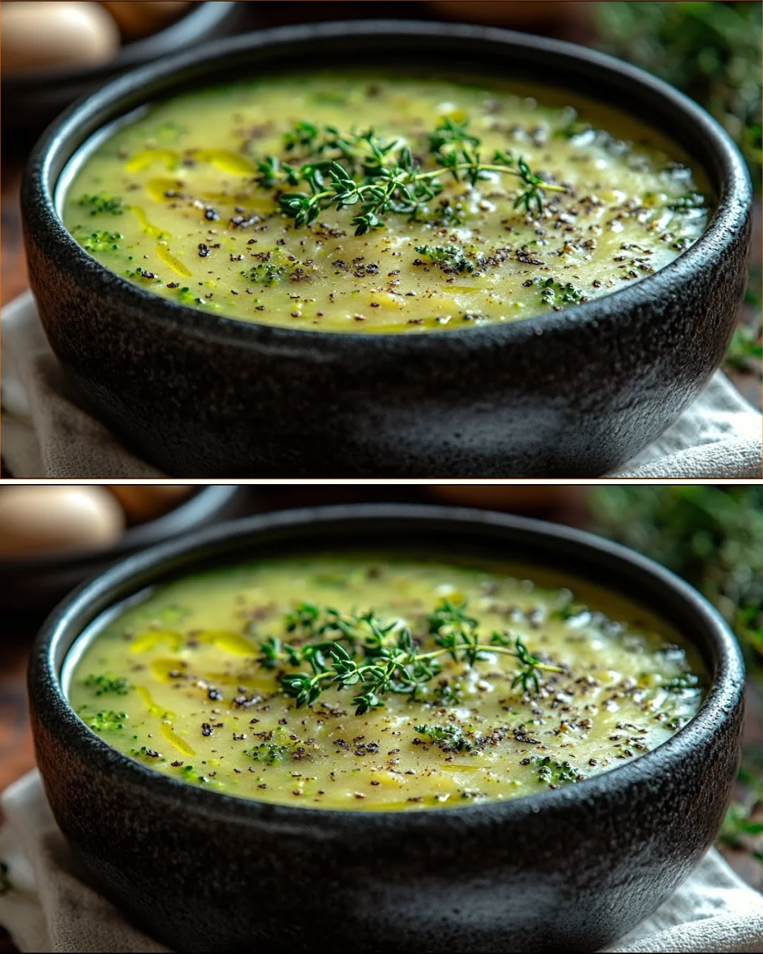 Creamy vegan broccoli garlic soup served in a bowl, garnished with herbs.