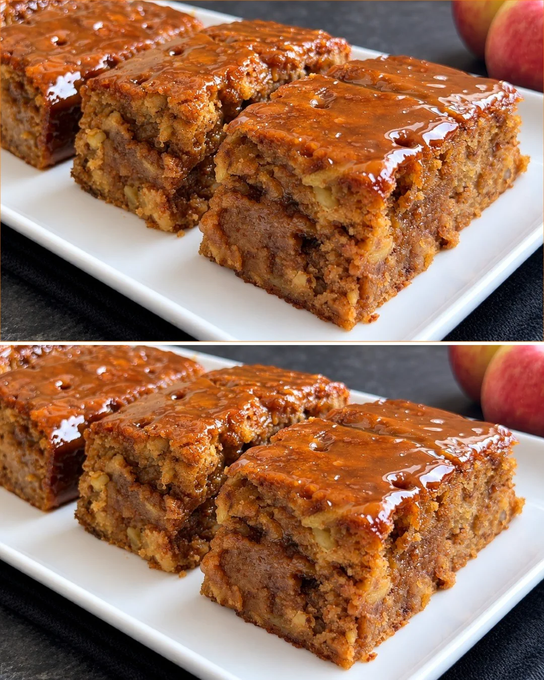 Delicious caramel apple cake topped with caramel drizzle and fresh apples.
